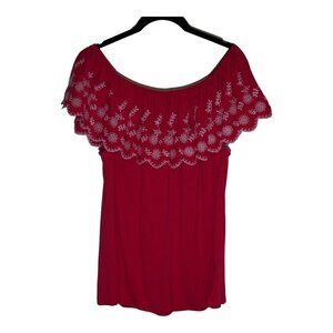 Adrianna Papell Pink Embroidered Off Shoulder Flutter Sleeve Shirt Top Medium M